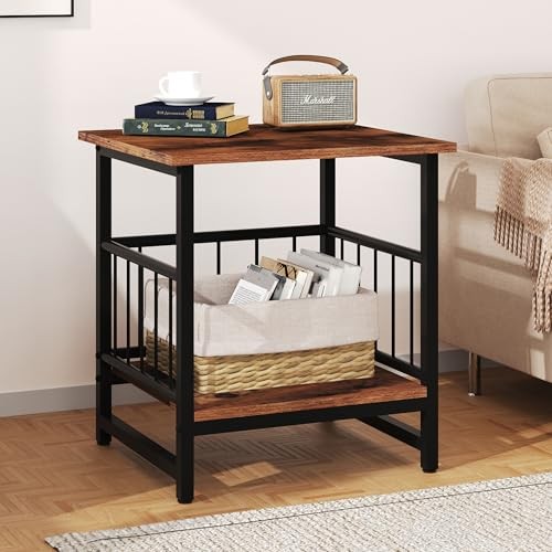 Industrial Night Stand8” Square Side Table with Open Storage 1 Rustic Brown