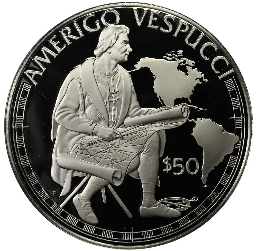 COOK ISLANDS $50 1988 Silver Proof 'Great Explorers -  Amerigo Vespucci & Map'