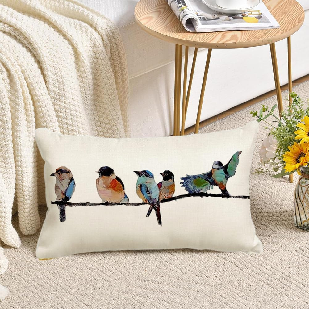 12x20 Lumbar Pillow Decorative Throw Pillows,Small Hand-Painted Outdoor Birds Pi