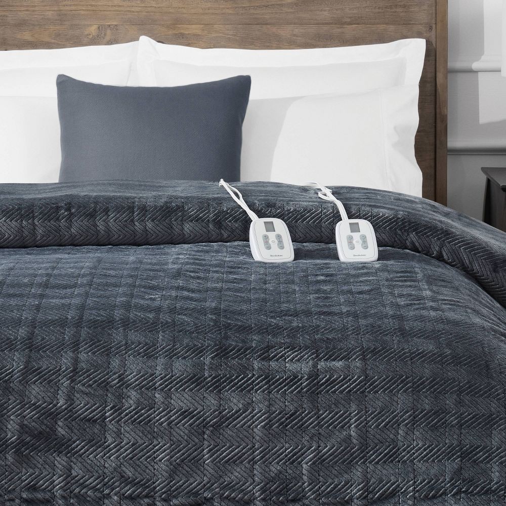 Brookstone Full/Queen Heated Micro Herringbone Blanket Gray