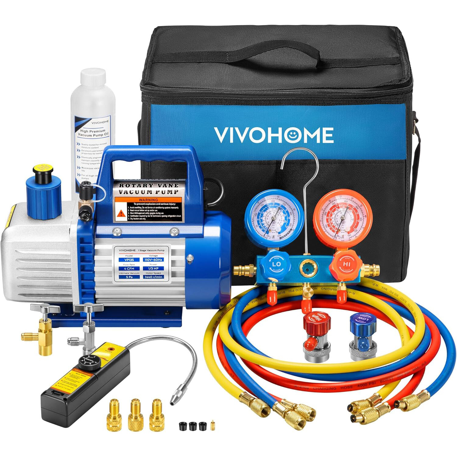 4CFM HVAC Vacuum Pump & Manifold Gauge Kit w/ Leak Detector for R134a R410a AC