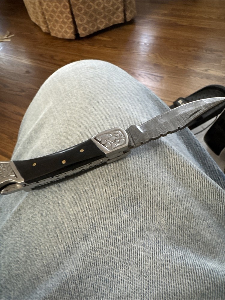 Handmade Damascus Folding Knife and Leather Case