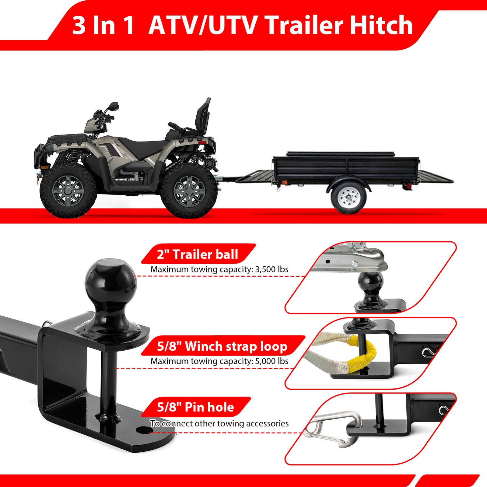 3-in-1 ATV/UTV Trailer Hitch Towing Ball Mount With 2 Inch Ball For Polaris