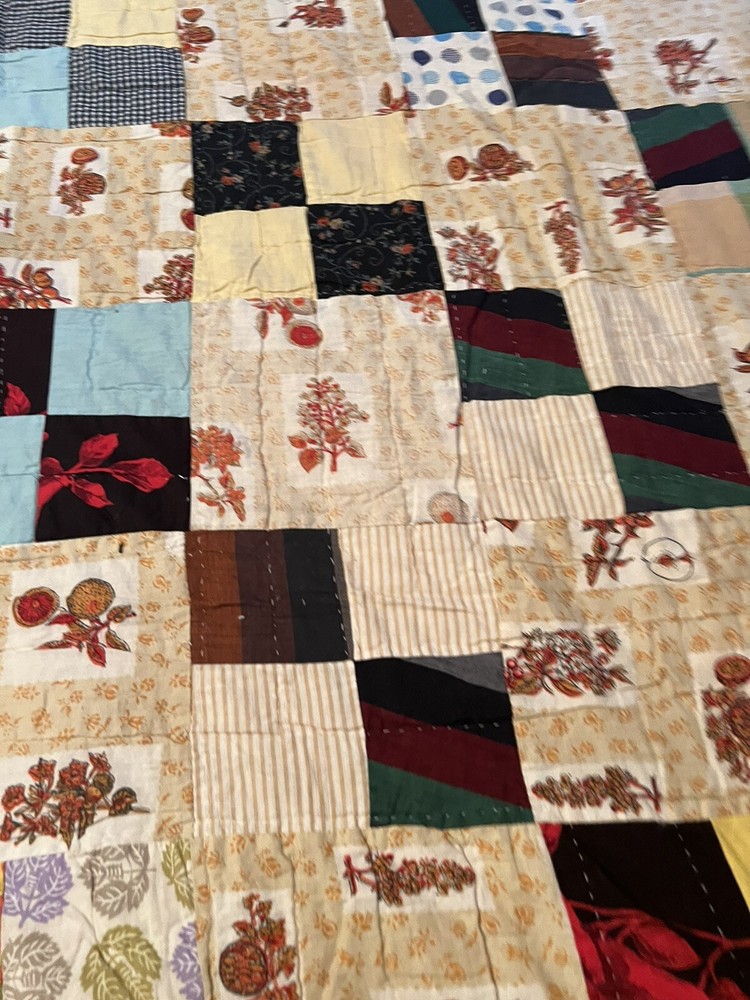 Vintage Handmade Cutter Quilt Small Blocks Patchwork 64” X 83” Tan Fruit READ