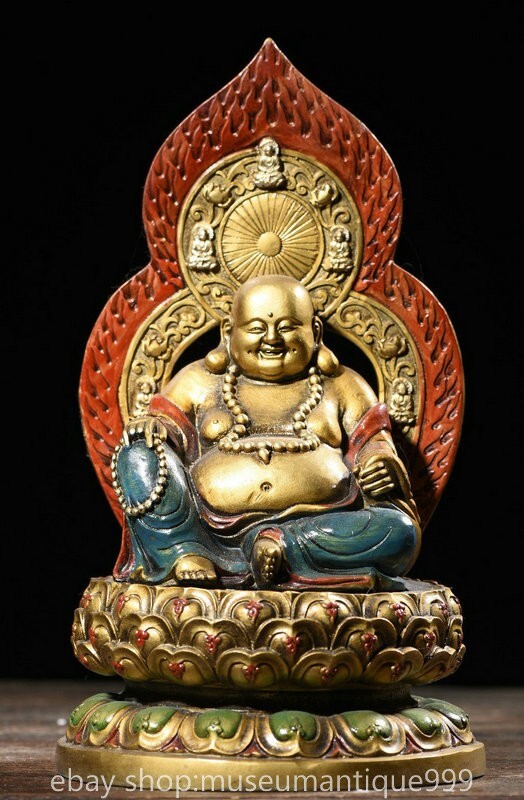 11.6" Old Chinese Bronze Buddhism Happy Laugh Maitreya Buddha Statue Painting