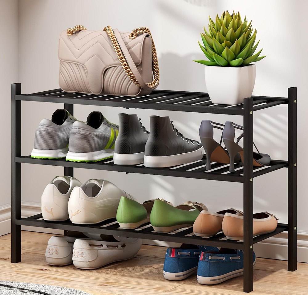 3-Tier Black Bamboo Shoe Rack for Entryway, Stackable | Foldable | Natural, S...
