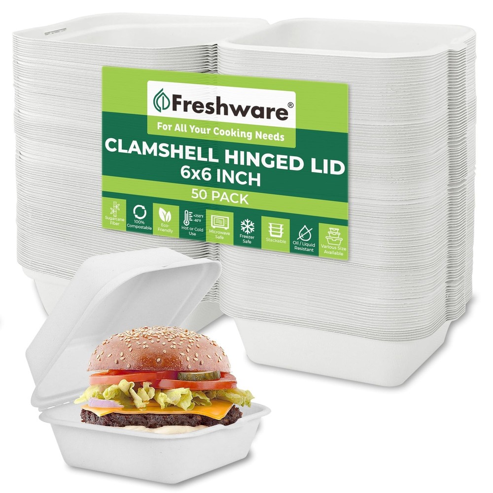 Freshware Compostable Clamshell Food Containers [6x6" 50-Pack], Biodegradable...