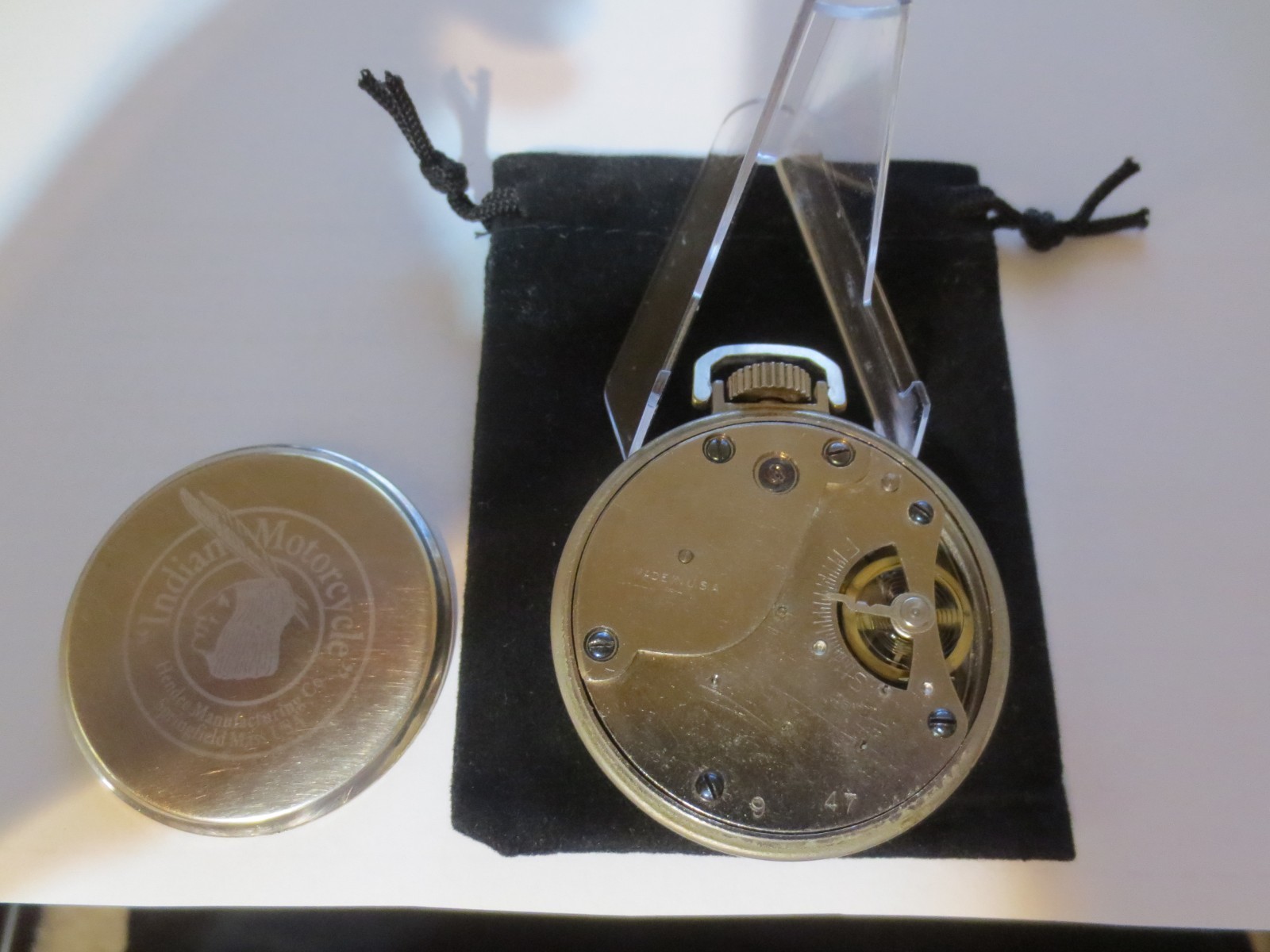 1947 16s Pocket Watch Indian Motorcycle Theme Dial & Case Runs Well.