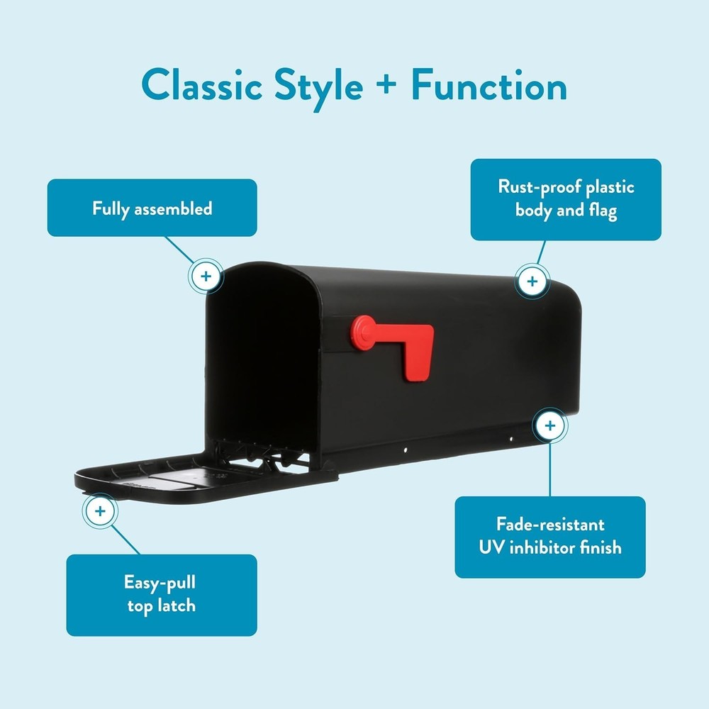 Rust-Proof Plastic Post-Mounted Medium Curbside Mailbox, Black, USPS Approved