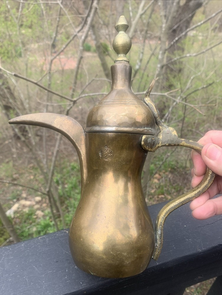 Vintage Handmade DALLAH Arabic Turkish Solid Brass Coffee Pot 10”T, Signed