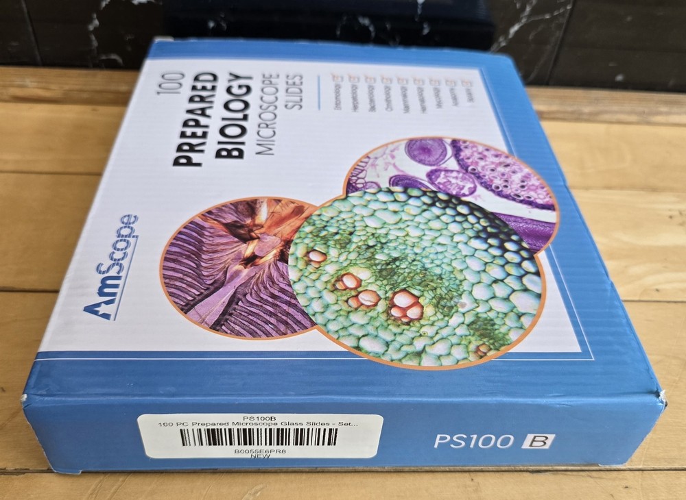 AmScope PS100B 100 Homeschool For Basic Biology Prepared Microscope Slides -Set