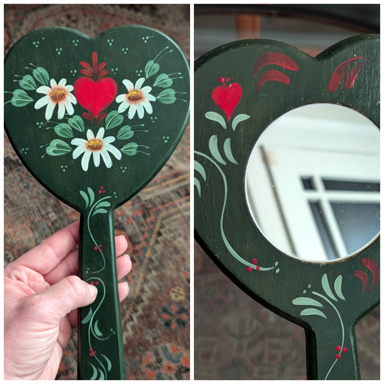 Vtg Hand Mirror Vanity Folk Art Handmade Home Green Wood Tole Painted Floral