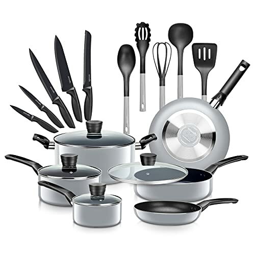 SereneLife SLCW20GRY 20-Piece Set Kitchenware Pots & Pans Basic Kitchen Set