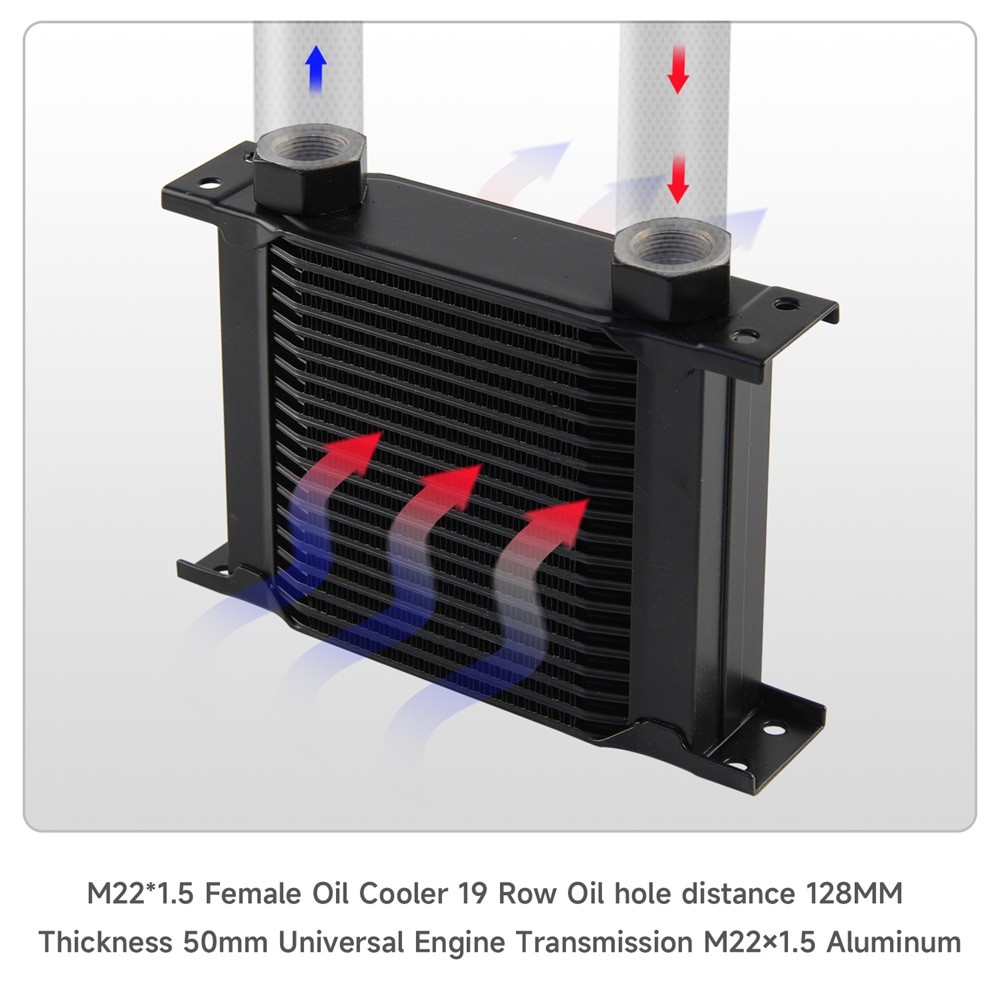 Universal 19 Row Transmission Engine Oil Cooler M22×1.5 Female Ports Aluminum