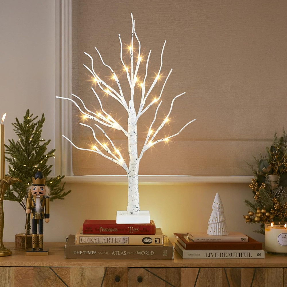 Artificial Tree for Christmas Decorations, 2FT Birch Tree with LED Lights, Warm