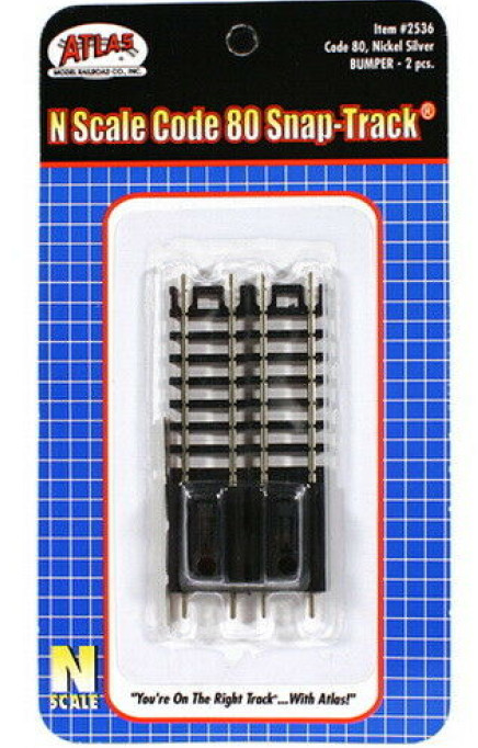 Atlas #2536 Bumpers (2 bumpers per package) on N Scale Code 80 Track