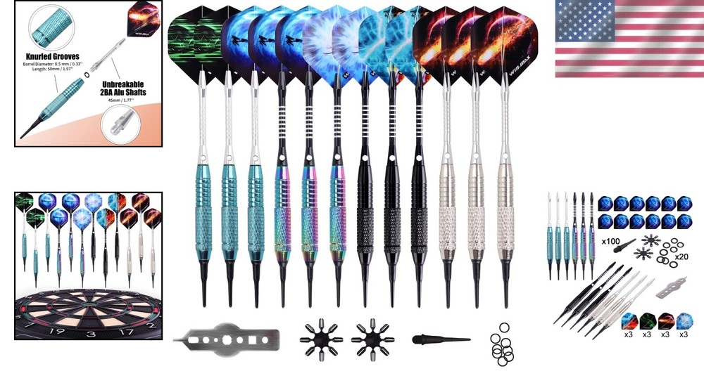 Premium 12-Piece Soft Tip Darts Set with 100 Extra Tips & Unique Flight Designs