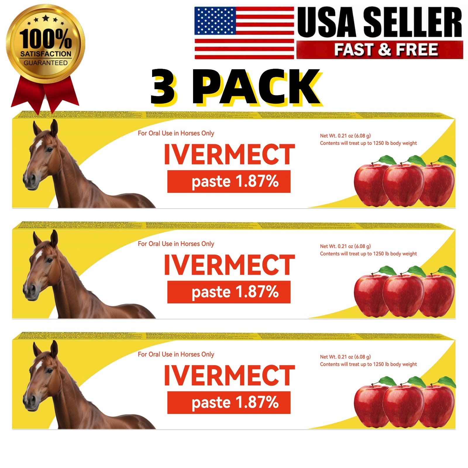 3 Pack New In Box Paste Horse Dewormer wormer Apple Flavor 1.87% EXP 1/2028