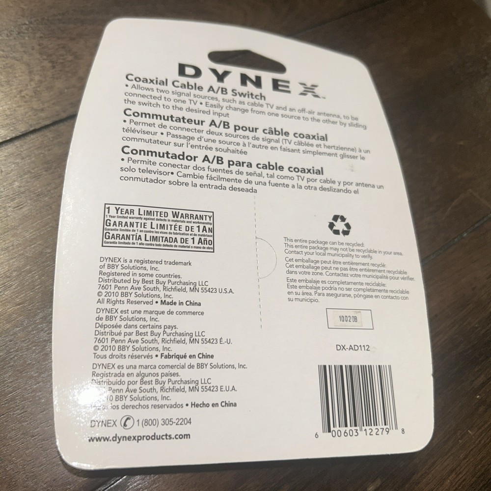 Dynex DX-AD112 Coaxial Cable A/B SWITCH NEW