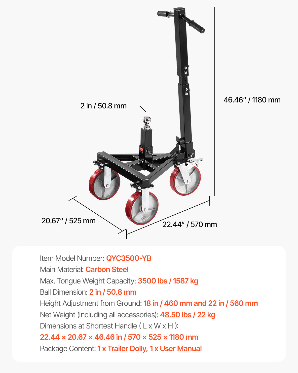 Trailer Dolly 3500lbs Tongue Weight Capacity 18 and 22 inch Height Adjustable