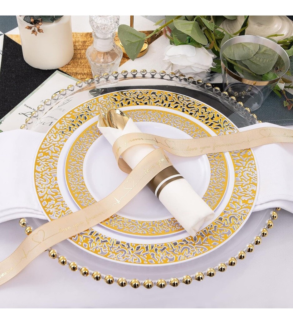 WELLIFE 335 Pieces Plastic Dinnerware,Disposable Lace Plates