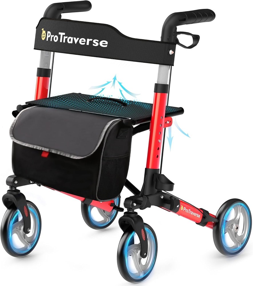 Foldable Rollator Walker with Seat Lightweight Large Wheels Rolling Walker Red