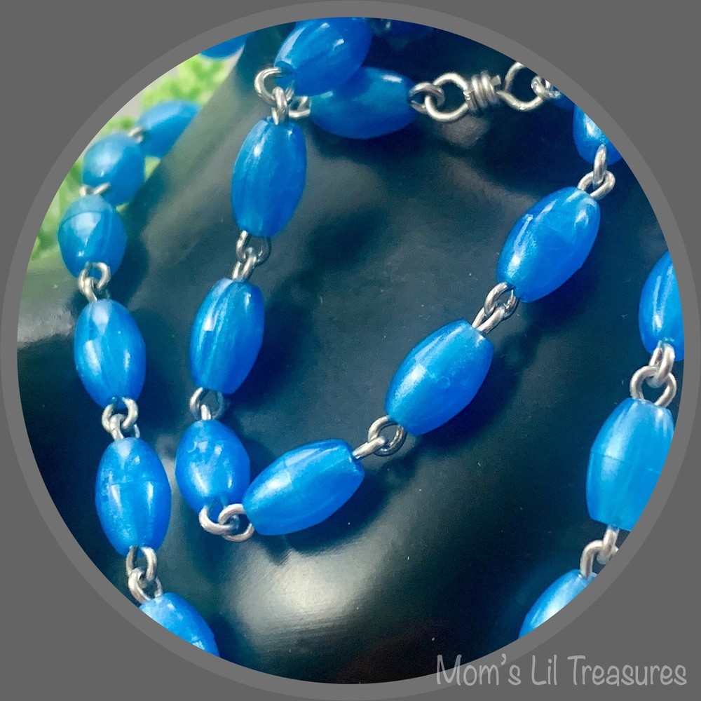 Pearly Blue Plastic Beaded Rosary 31” Catholic Christianity