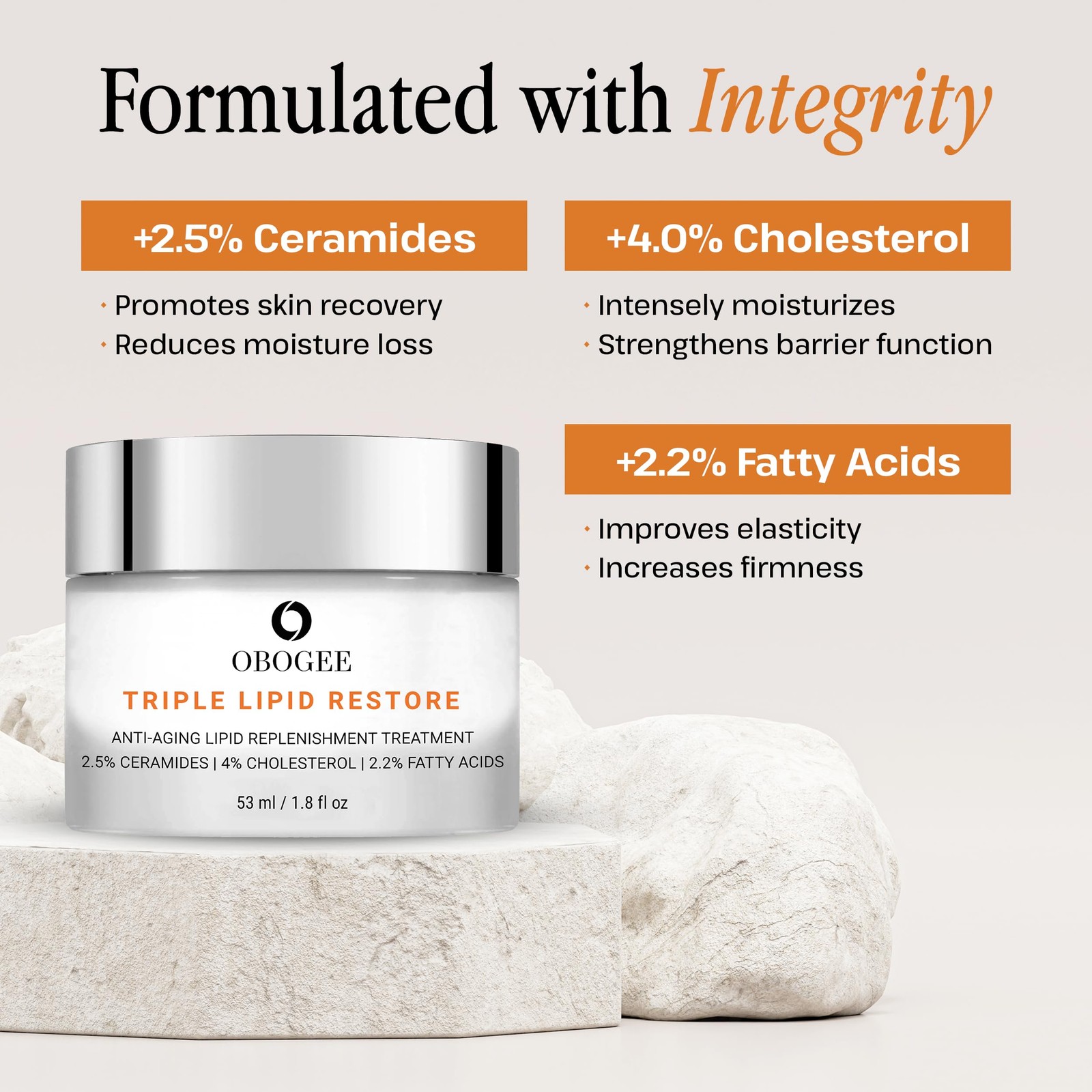 OBOGEE Triple Lipid-Peptide Cream Ceramides Hyaluronic Acid Anti-Aging Face Mois