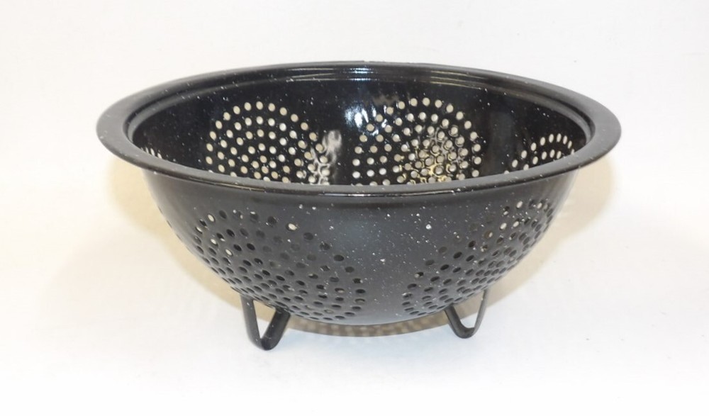 Black Enamelware Strainer Collander - Vintage Kitchen Tool