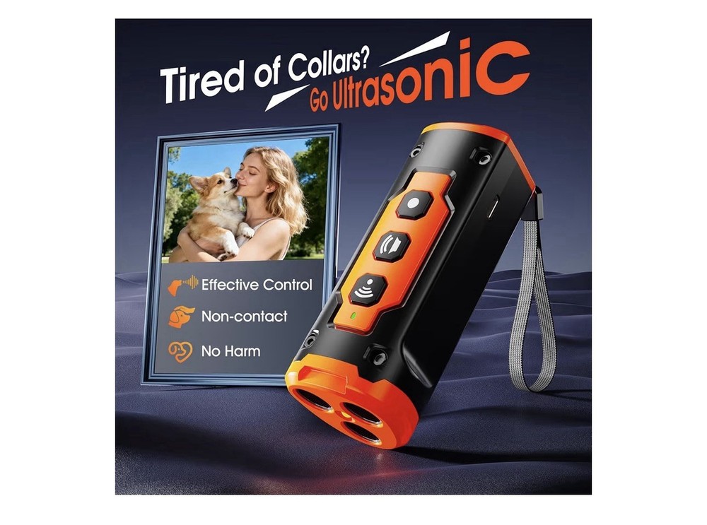 Dog Bark Deterrent Device 3 Sonic Heads 50ft Range Rechargeable w/ Flashlight