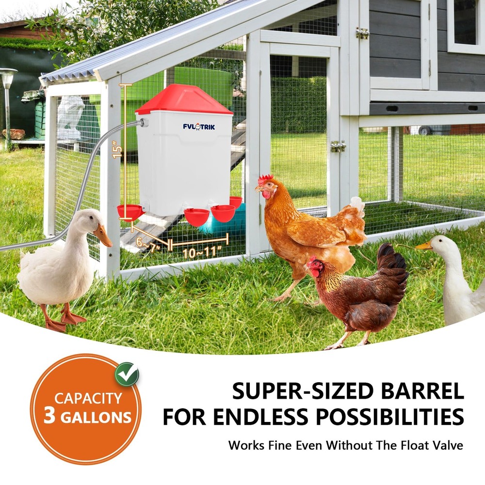 3 Gallon Automatic Chicken Waterer for Hands-Free Hydration, Float-Controlled...
