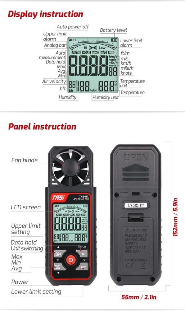 TA641A Digital Anemometer Handheld Wind Speed Gauge Meter Anemometro Windmeter