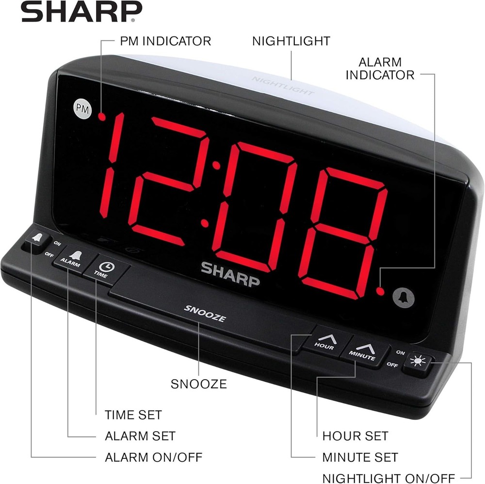 Sharp LED Digital Alarm Clock – Simple Operation - Easy to See Large Red