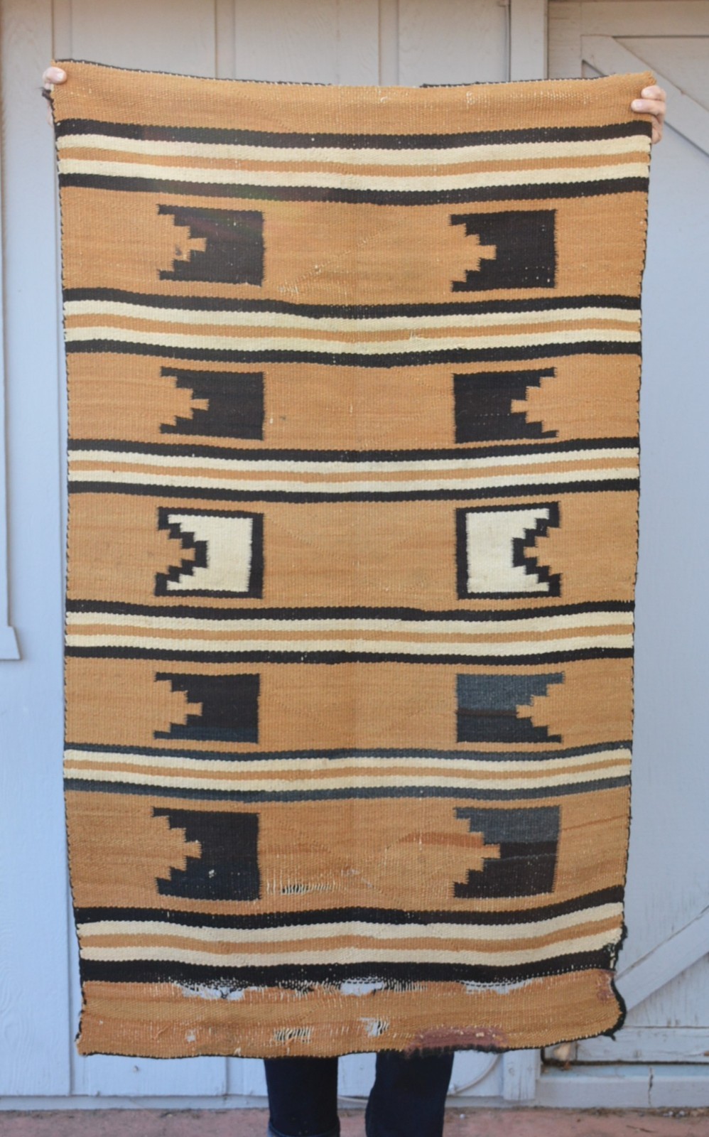 Old Navajo Rug - Striped Banded Pattern with Kiva Step Geometric - 53" x 32"