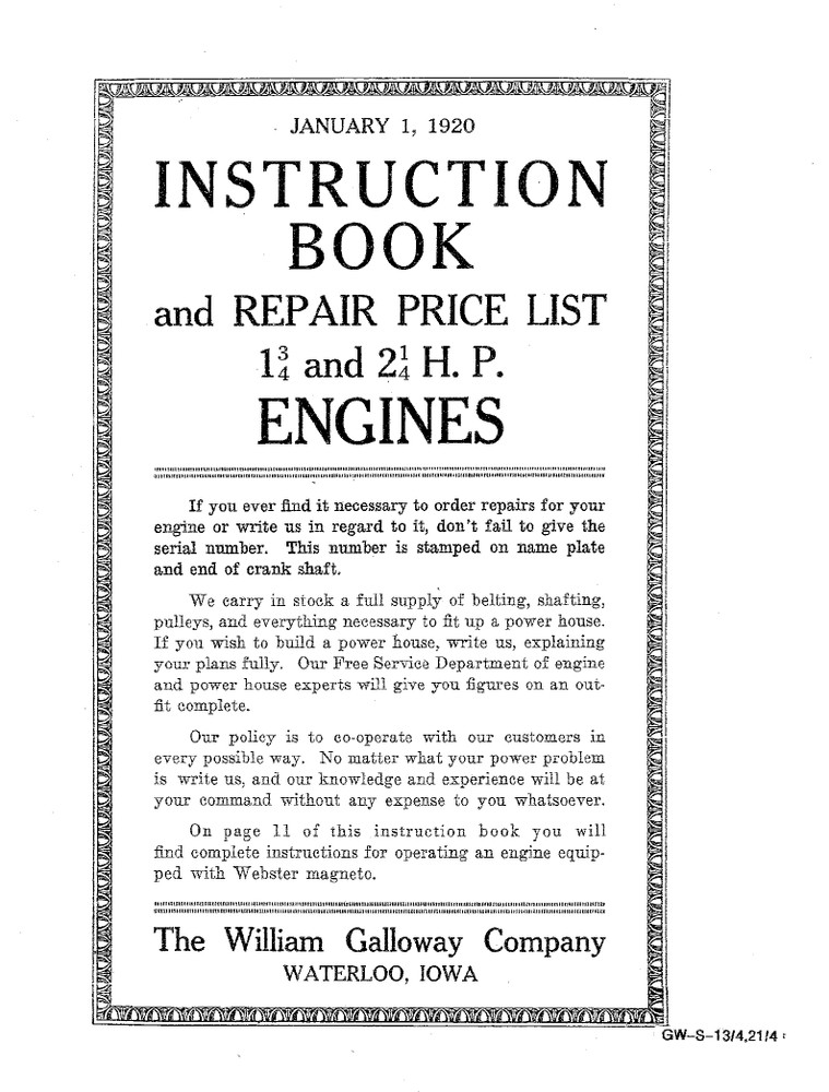 Galloway Engine Instruction Book 4 6 8 12 16 HP