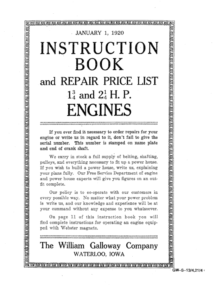 Galloway Engine Instruction Book 4 6 8 12 16 HP