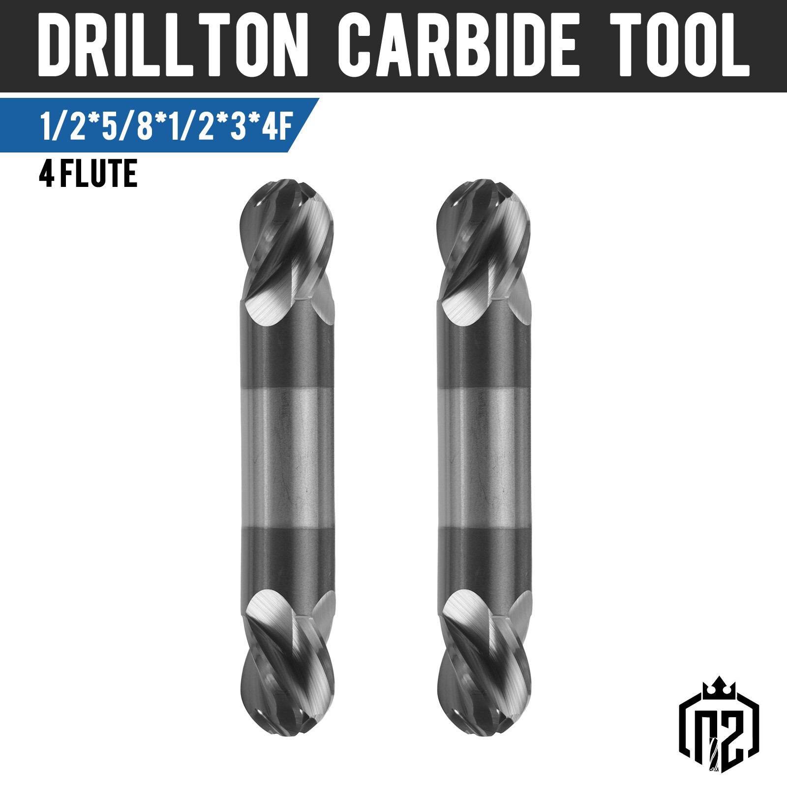 2PCS 4 Flute 1/2" Solid Carbide Ball Nose End Mill - Double End - AlTiN Coated