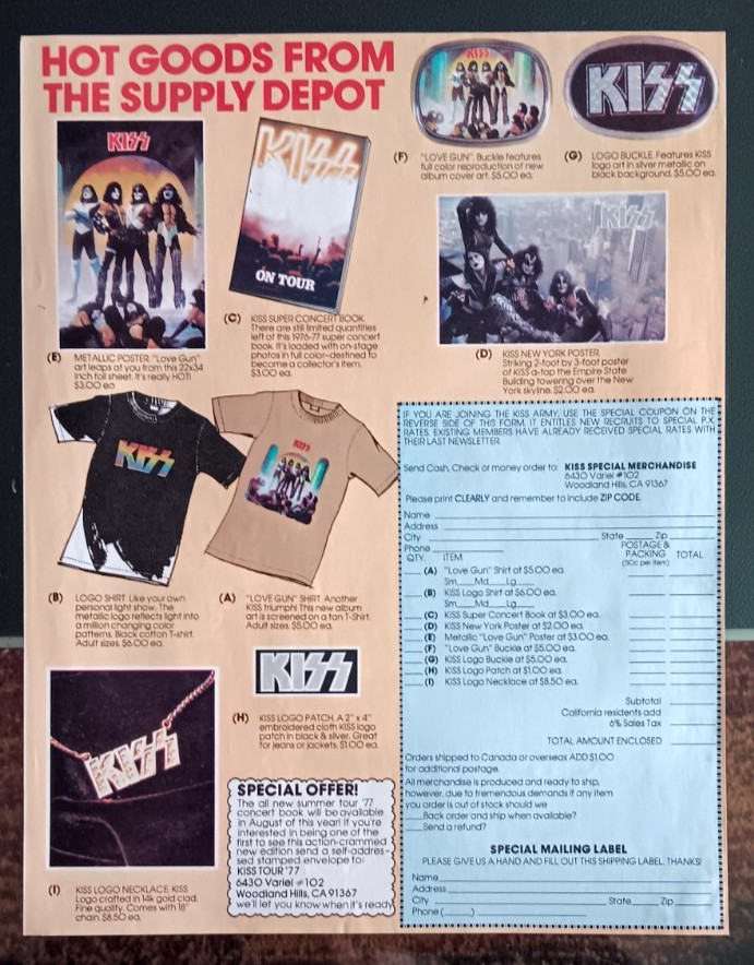 VINTAGE 1977 KISS ARMY LOVE GUN MERCHANDISE INSERT COMIC BOOK AD MAILER NM/Mint