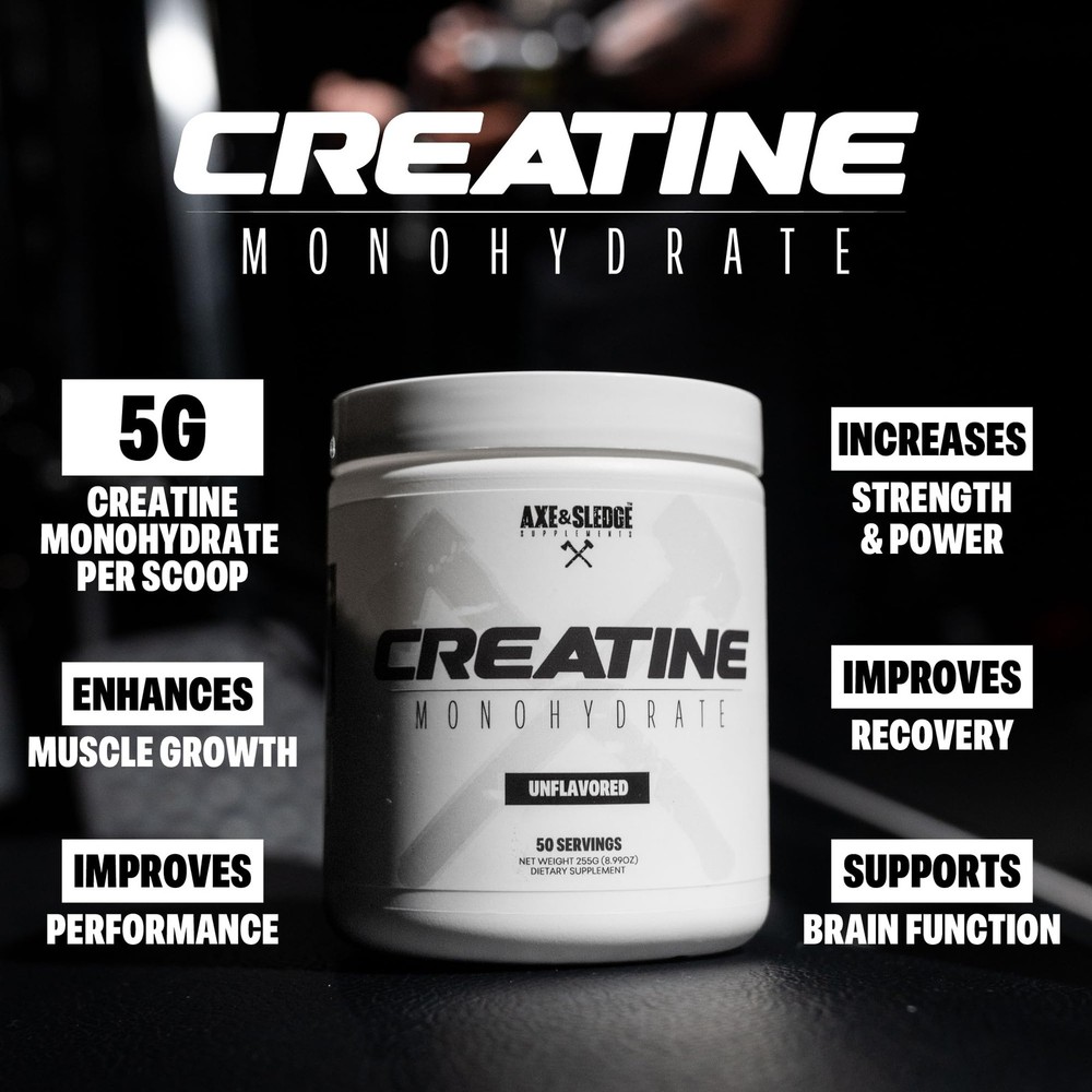 Axe & Sledge Basics Creatine | Unflavored, Enhances Strength & 50 Serving