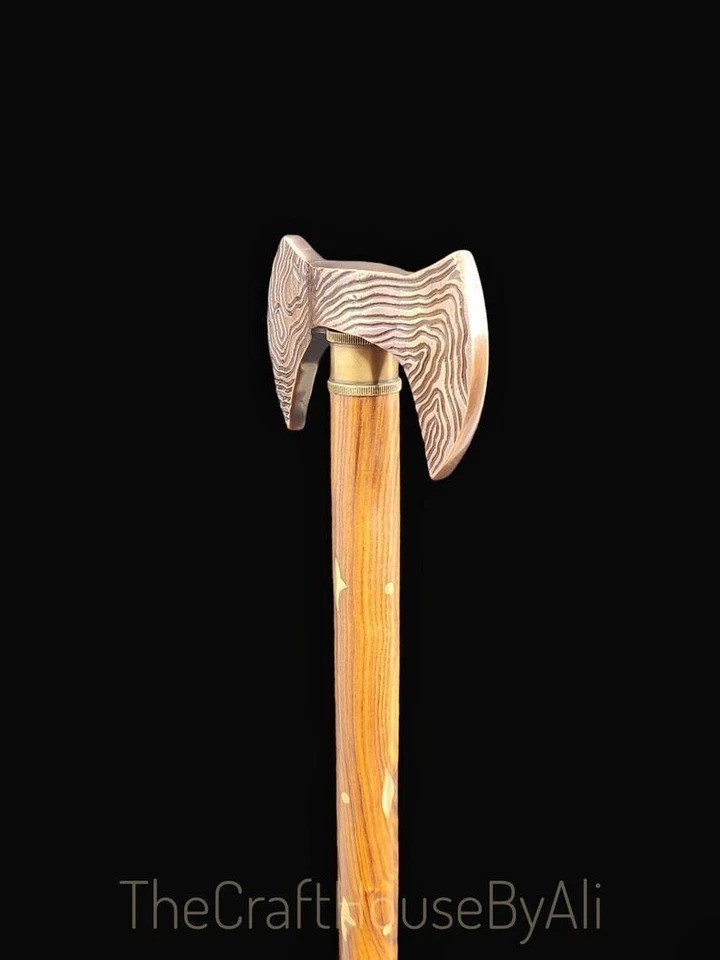 Stylish Solid Brass Axe Head Handle Victorian Wooden Walking Stick Cane Gift