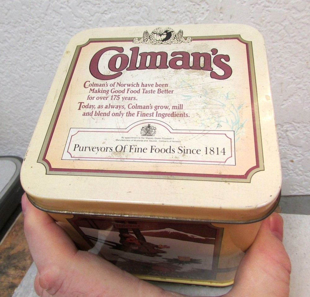 COLMANS mustard large empty collectors display tin, features old Colman Logos