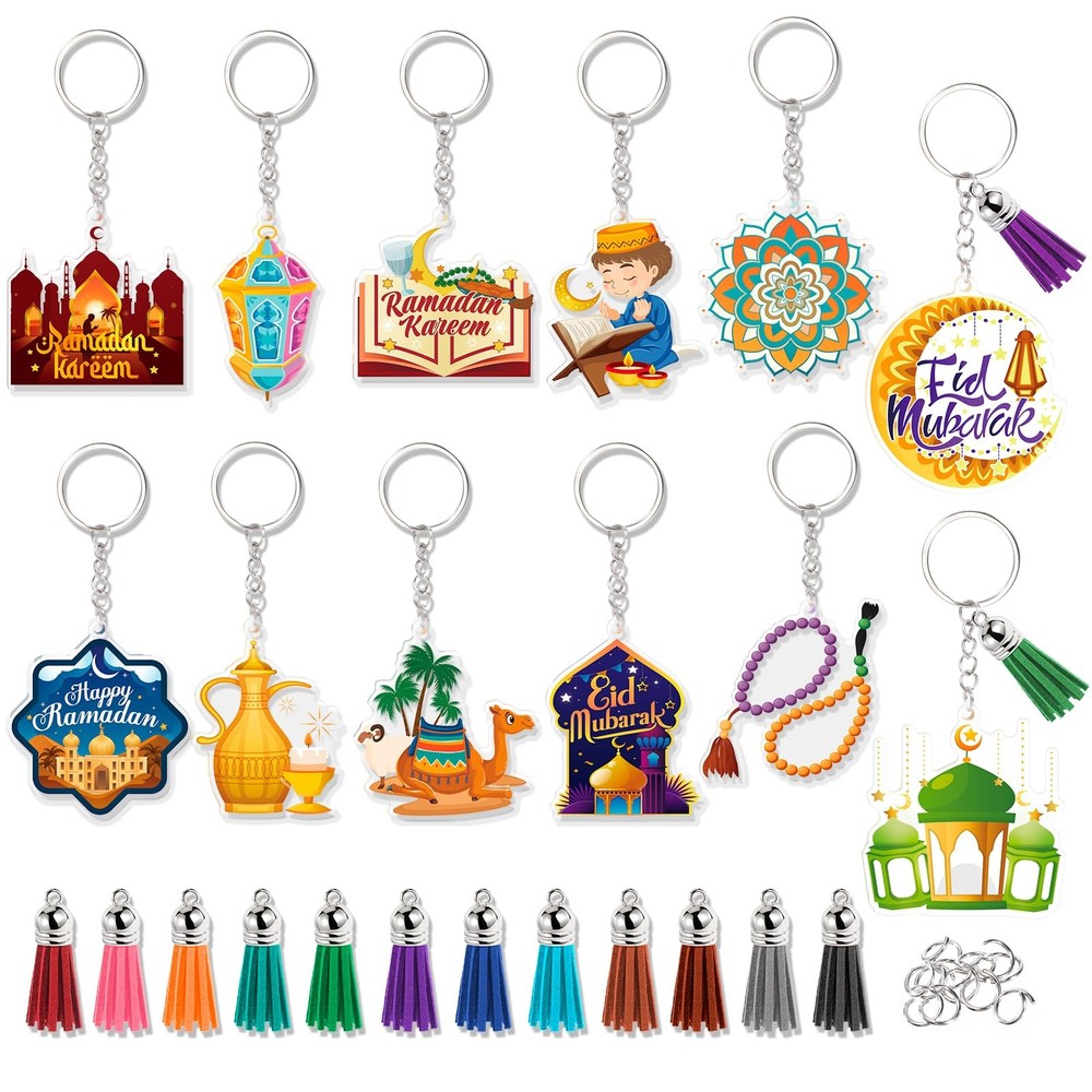 12pcs Eid Ramadan Keychains Set, Eid Mubarak Acrylic Keychain Making Kits wit...