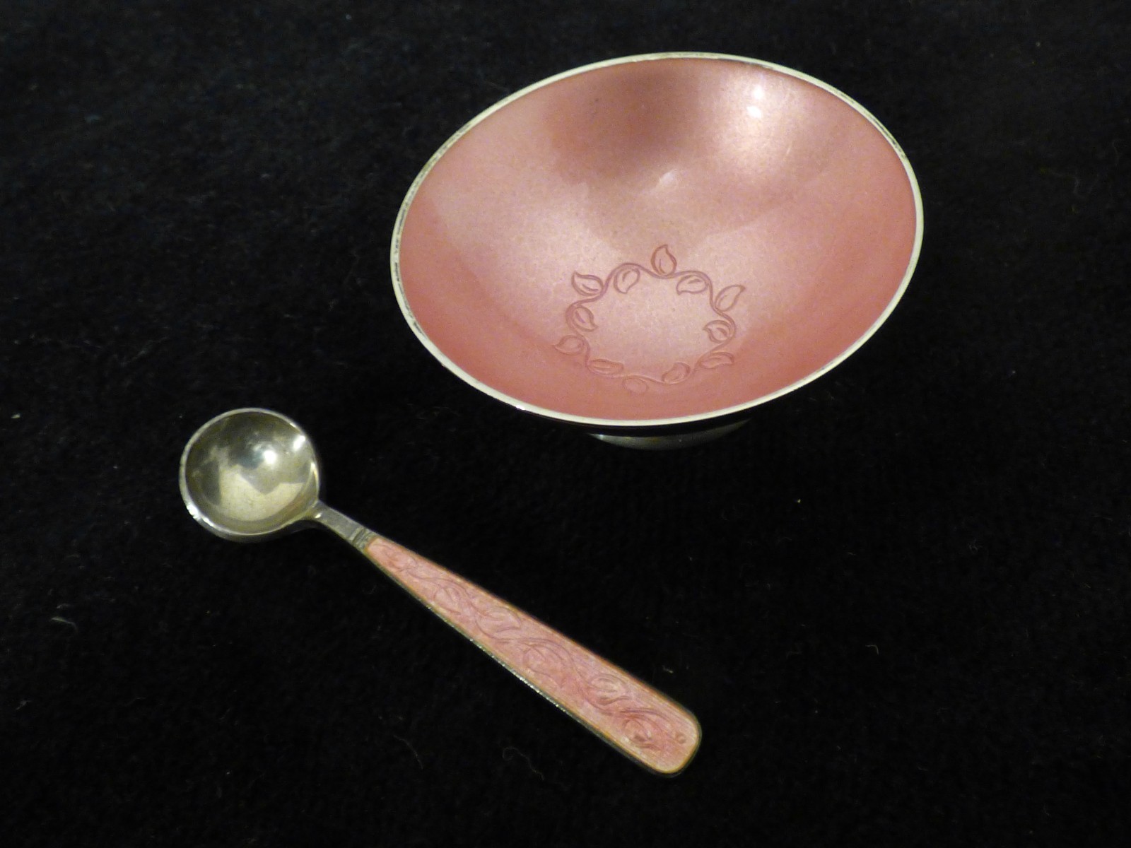 Antique Denmark Salt Cellar & Spoon & Pepper Shaker Sterling V.B. VB Pink Enamel