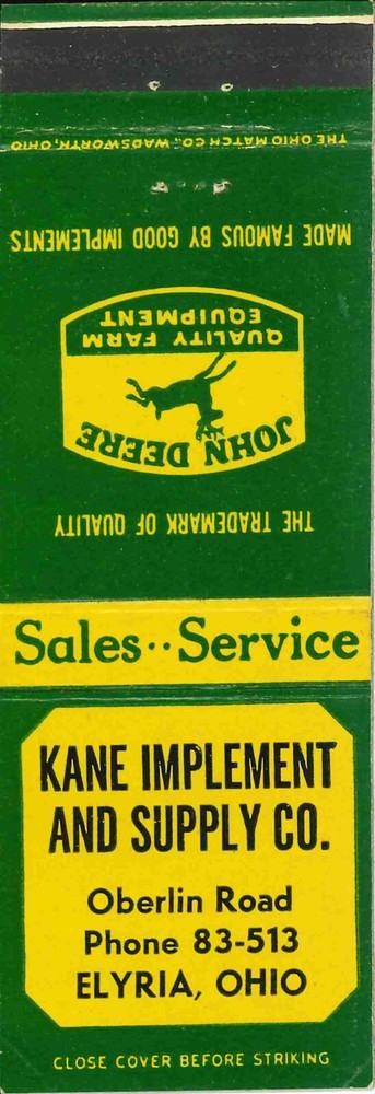 John Deere Matchbook Cover QFE Kane Implement & Supply CO Elyria Ohio