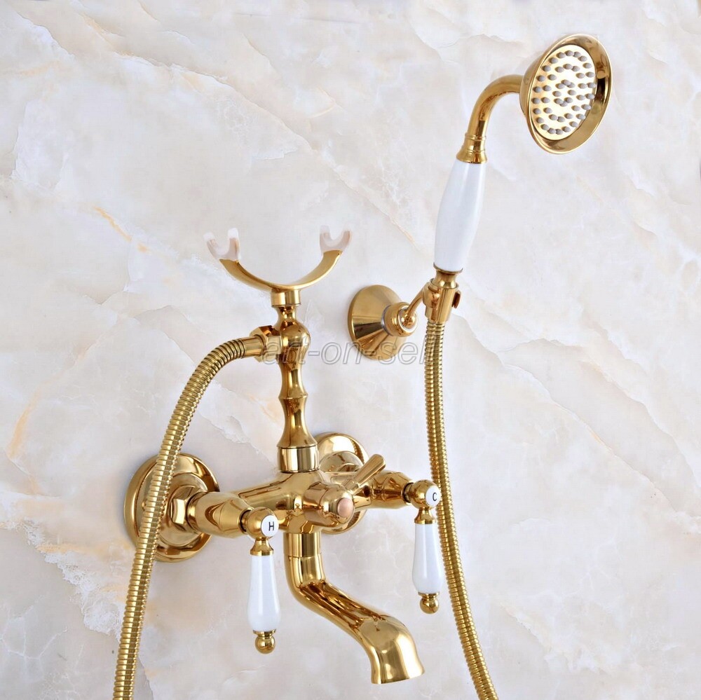 Gold Color Brass Bathroom Clawfoot Bath Tub Faucet w/ Handheld Shower ana902