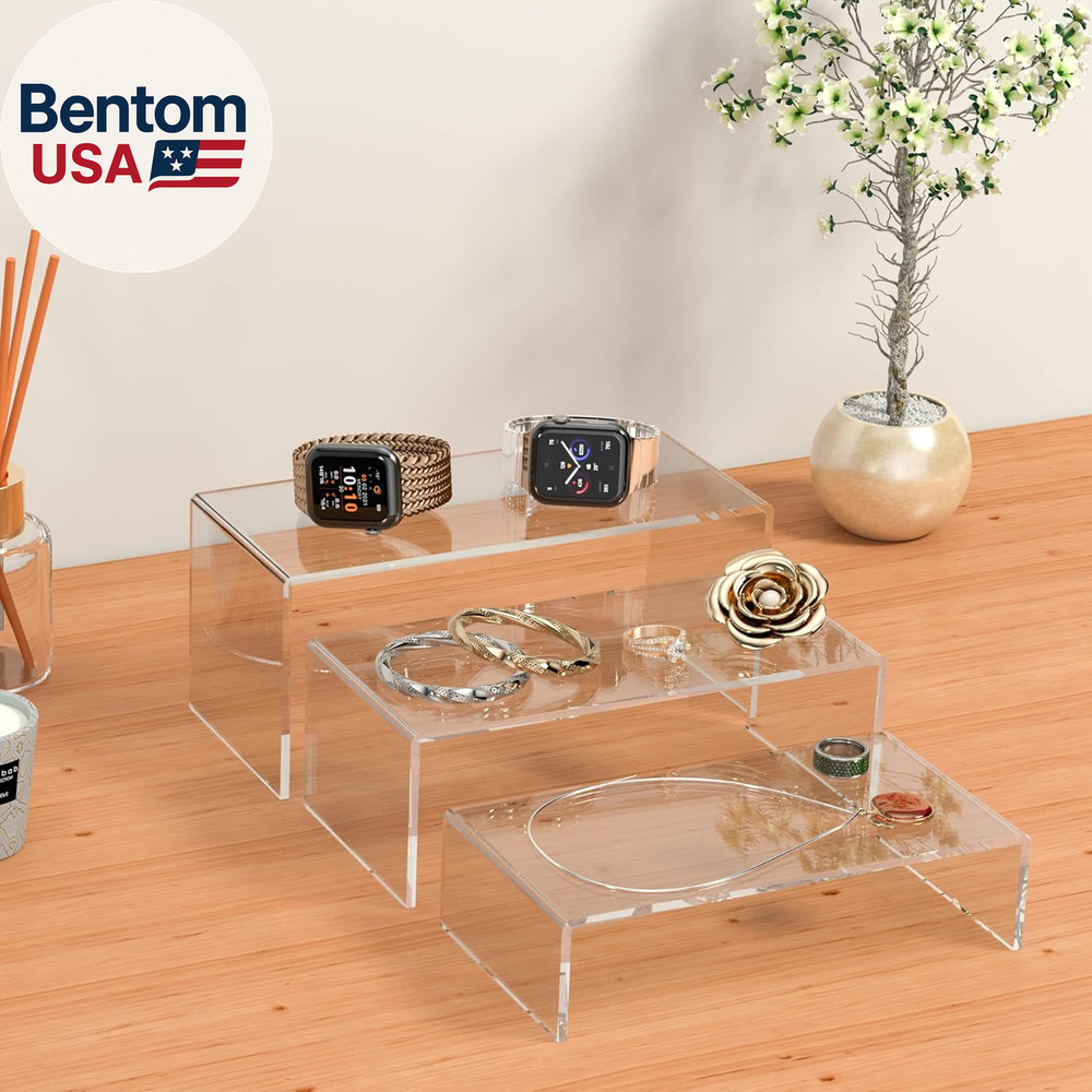 Clear Riser Shelf 3Pcs, Desktop Rectangular Acrylic Display Shelves Organizer, A