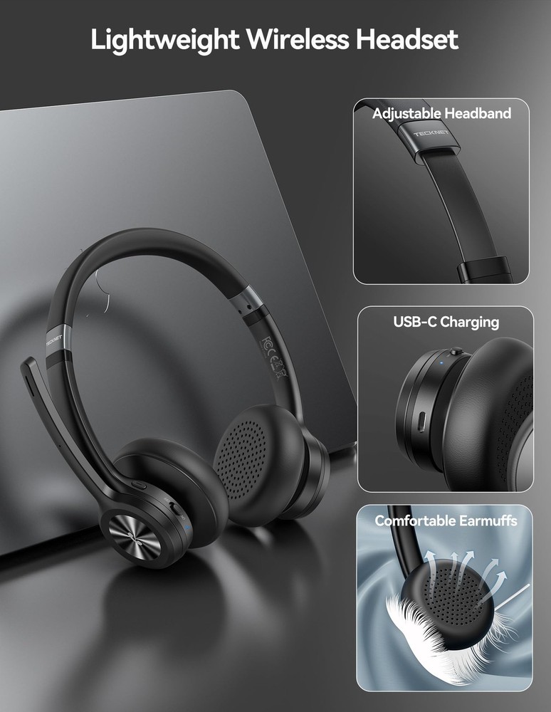 TECKNET Wireless Headset with USB Dongle, Bluetooth Headset with Noise Cancellin