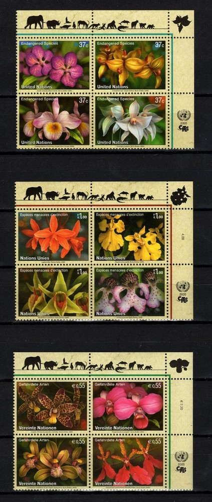 UNITED NATIONS NY, SCOTT # 876-879, SET 3 PLATE BLOCKS ENDANGERED SPECIES 2005