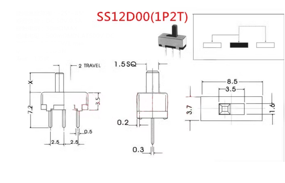Toggle Switch SS12D00G2/G3G4/G5 SPDT 1P2T 3P 2 Position PCB Panel Slide Switch