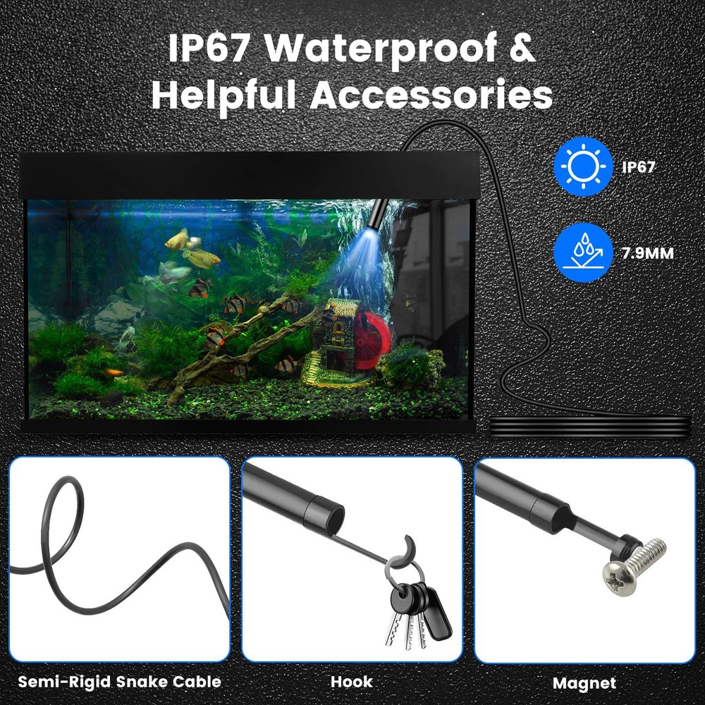 Endoscope HD Borescope with 8 Adjustable LED Lights 16.4ft Semi-rigid Cable